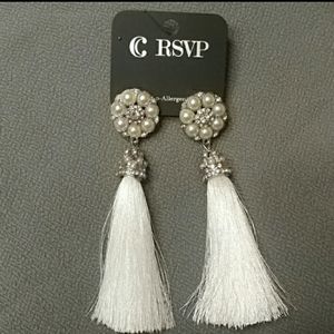 NWT Prom Bridal White Pearl Rhinestone Tassel Fringe Earrings RSVP